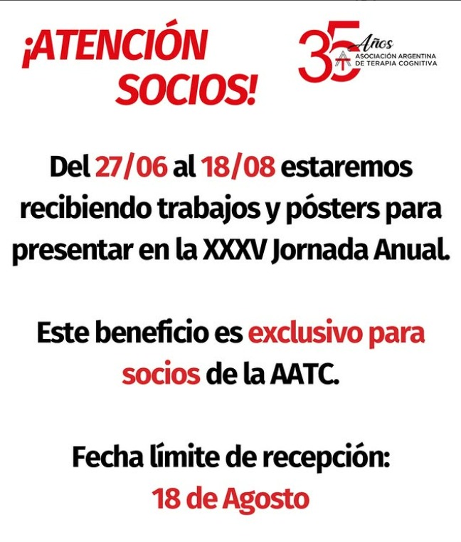 Exclusivo socios!!!!¿Tenés un trabajo o póster para compartir? Envíanos tu propuesta para presentar en la XXXV Jornada Anual de la AATC 